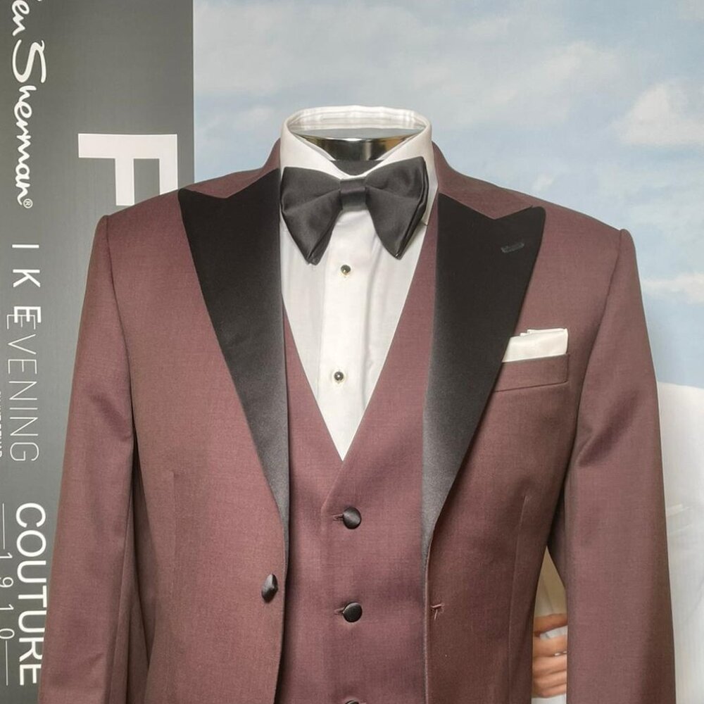 IKE BEHAR SLIM FIT TUXEDO; COAT PANT; VEST - BURGUNDY